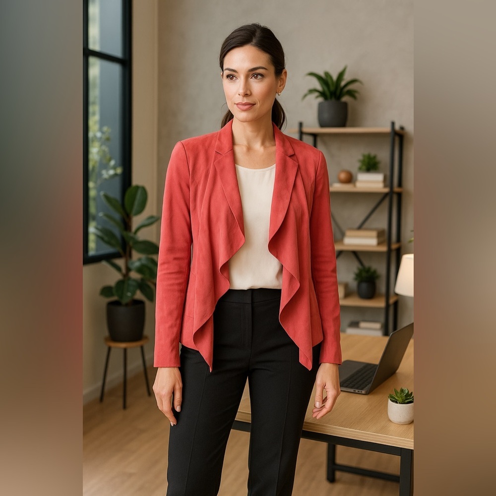 Elie Tahari Coral Lamb Suede Waterfall Jacket Silk Blend Open Front Size Medium